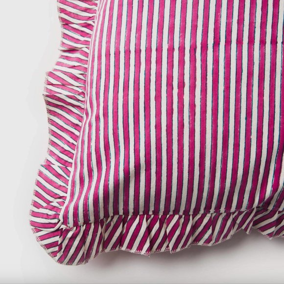 Candy striped Pink and White Block Print Ruffled Square Pillow Cover 18" x 18" - Picture 2 of 4